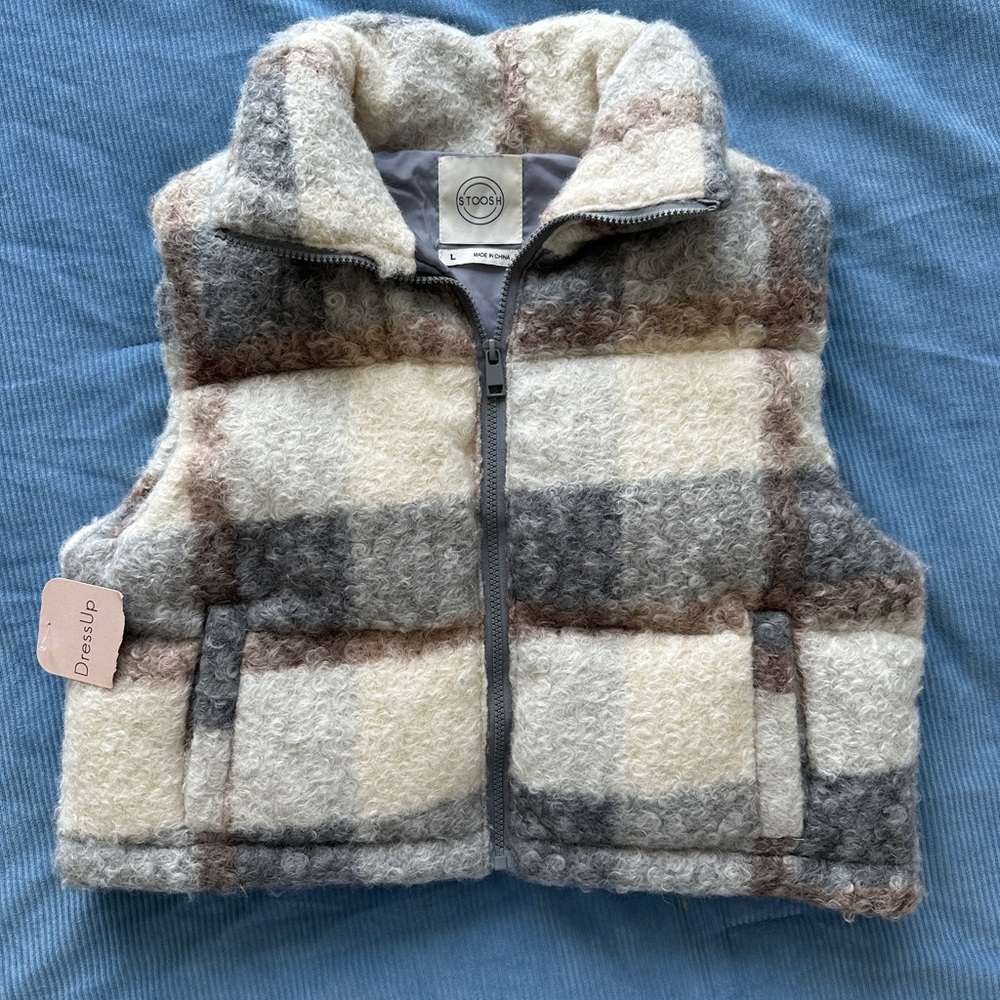 Stoosh Women's Plaid Fleece Vest - Cream, Gray, Brown